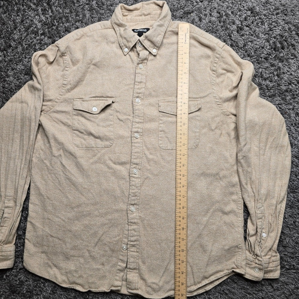 Express Mens Tan Cotton Flannel Button Down Shirt Long Sleeve Size M Tan Khaki - Picture 2 of 5